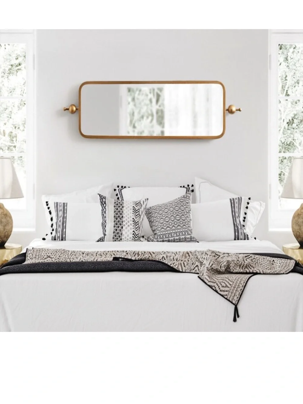 Brass-Tone Rectangular Wall Mirror with Decorative Finials - 9” x 36”